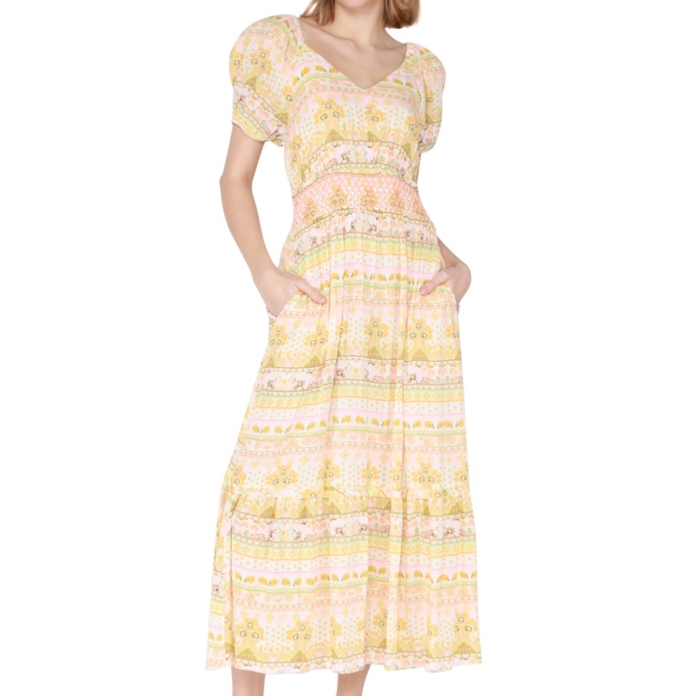 Black Tape Short-sleeve Smocked-waist Tiered Maxi Dress In Yellow Floral Stripe